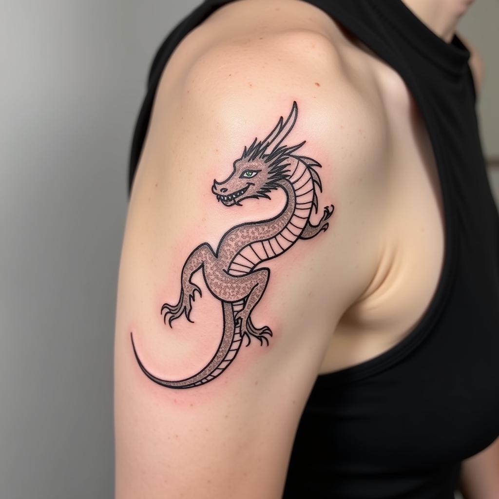 Hình xăm cưỡi rồng phong cách tối giản tinh tế với đường nét đơn giản và màu sắc trung tính thanh lịch