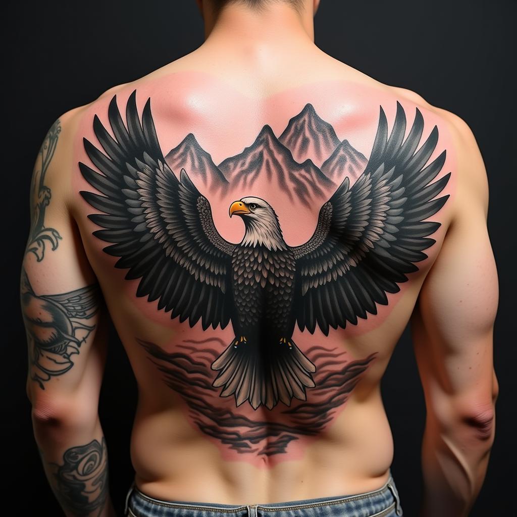 Hình xăm đại bàng ở lưng toàn diện thể hiện sự quyền lực và cá tính mạnh mẽ