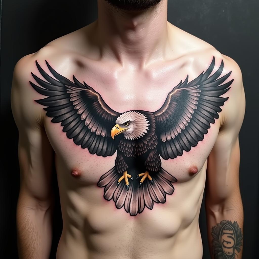 Hình xăm đại bàng ở ngực thể hiện sự mạnh mẽ và ấn tượng với sải cánh rộng lớn