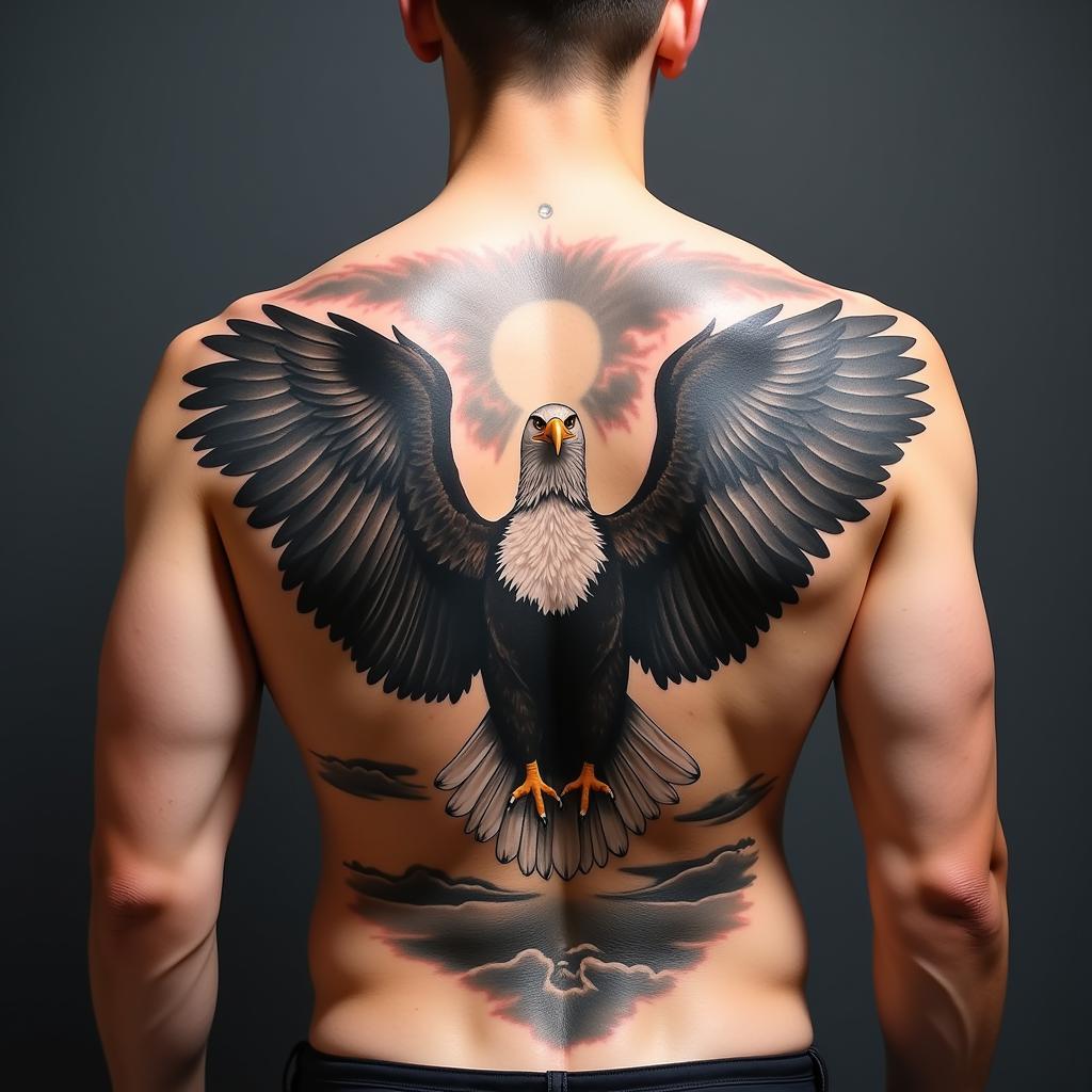Hình xăm đại bàng sau lưng: mẫu đại bàng tung cánh trên nền trời rộng lớn.