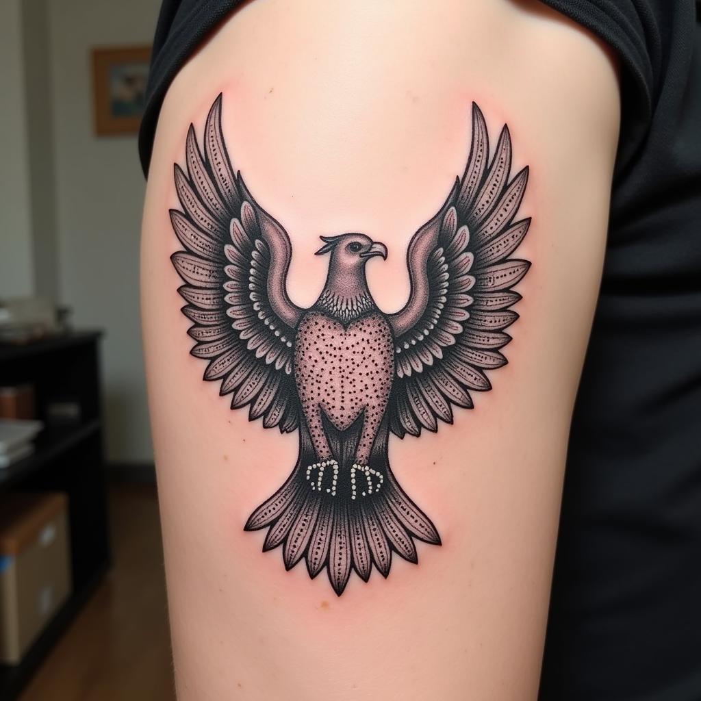 Hình xăm đại bàng sau lưng phong cách chấm điểm, tạo hình bằng những chấm nhỏ tinh tế.