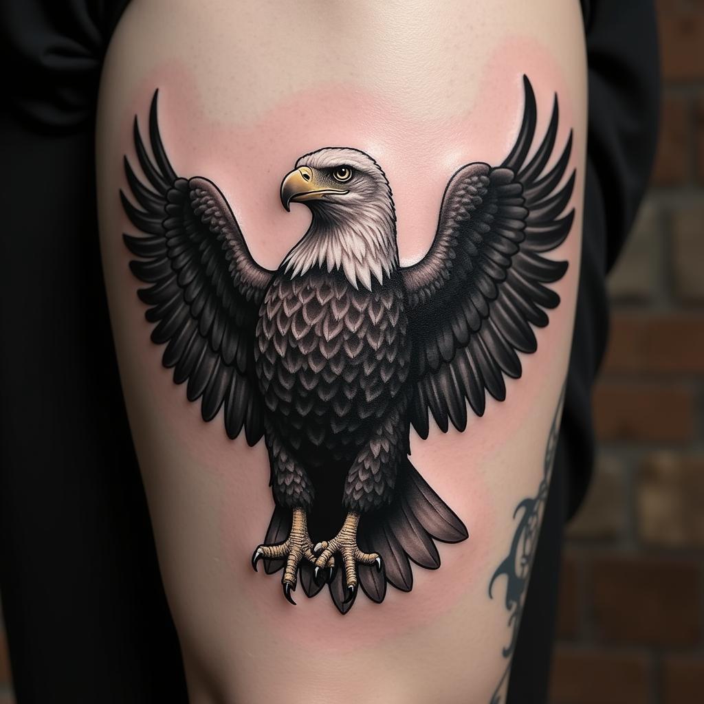 Hình xăm đại bàng sau lưng phong cách hiện thực với chi tiết lông vũ sắc nét và sống động.