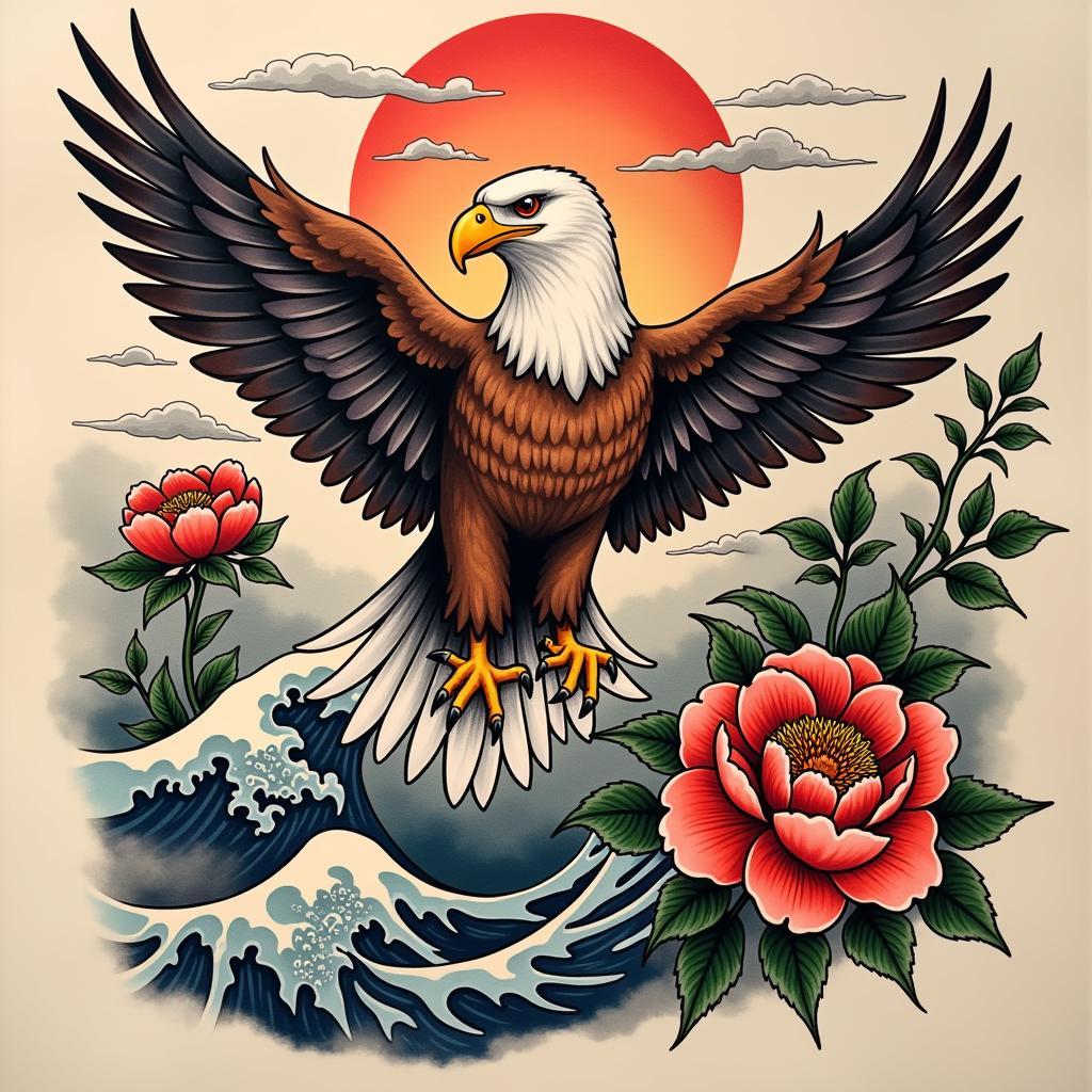 Hình xăm đại bàng sau lưng phong cách Nhật Bản kết hợp hoa mẫu đơn và sóng biển.