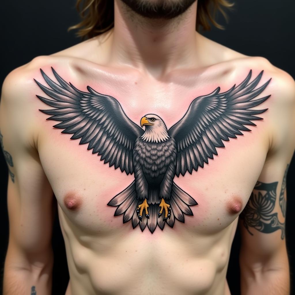 Hình xăm đại bàng tung cánh trên ngực thể hiện khát vọng và tự do