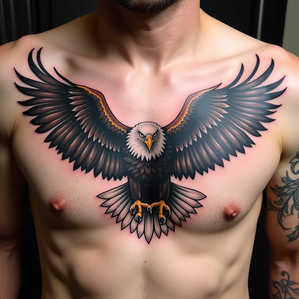 Hình xăm đại bàng tung cánh mạnh mẽ trên ngực nam giới, biểu tượng của tự do