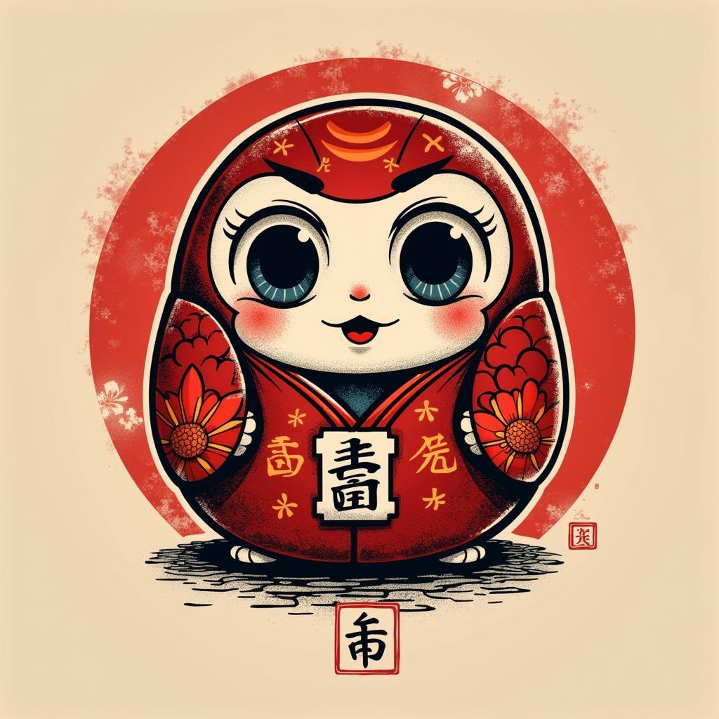 Hình xăm Daruma mini truyền thống màu đỏ kết hợp chữ Hán và hoa văn Nhật Bản cổ điển