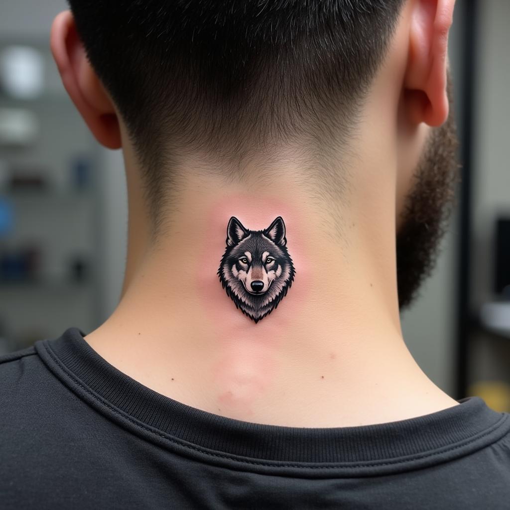 Hình xăm đầu sói mini sau gáy nam tính thể hiện sự mạnh mẽ và bảo vệ
