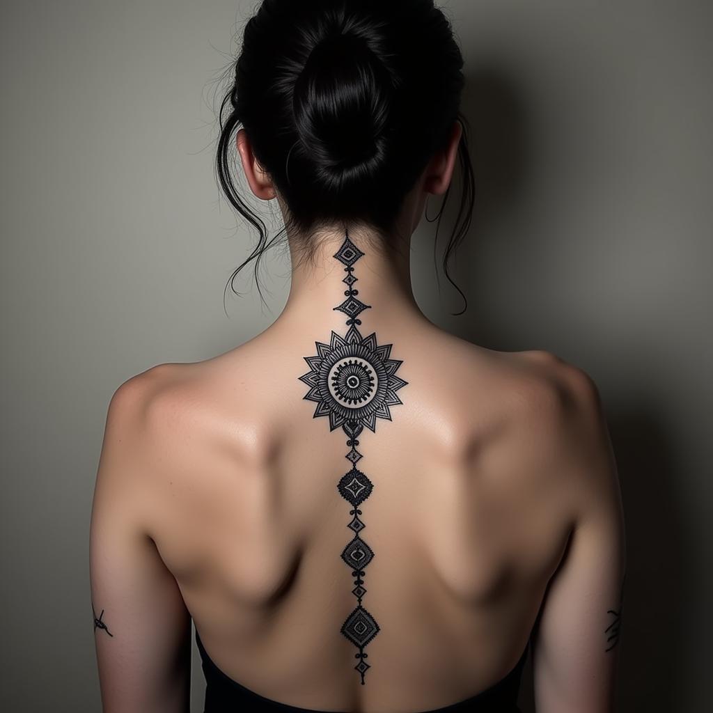 Hình xăm dọc sống lưng với hoa văn mandala