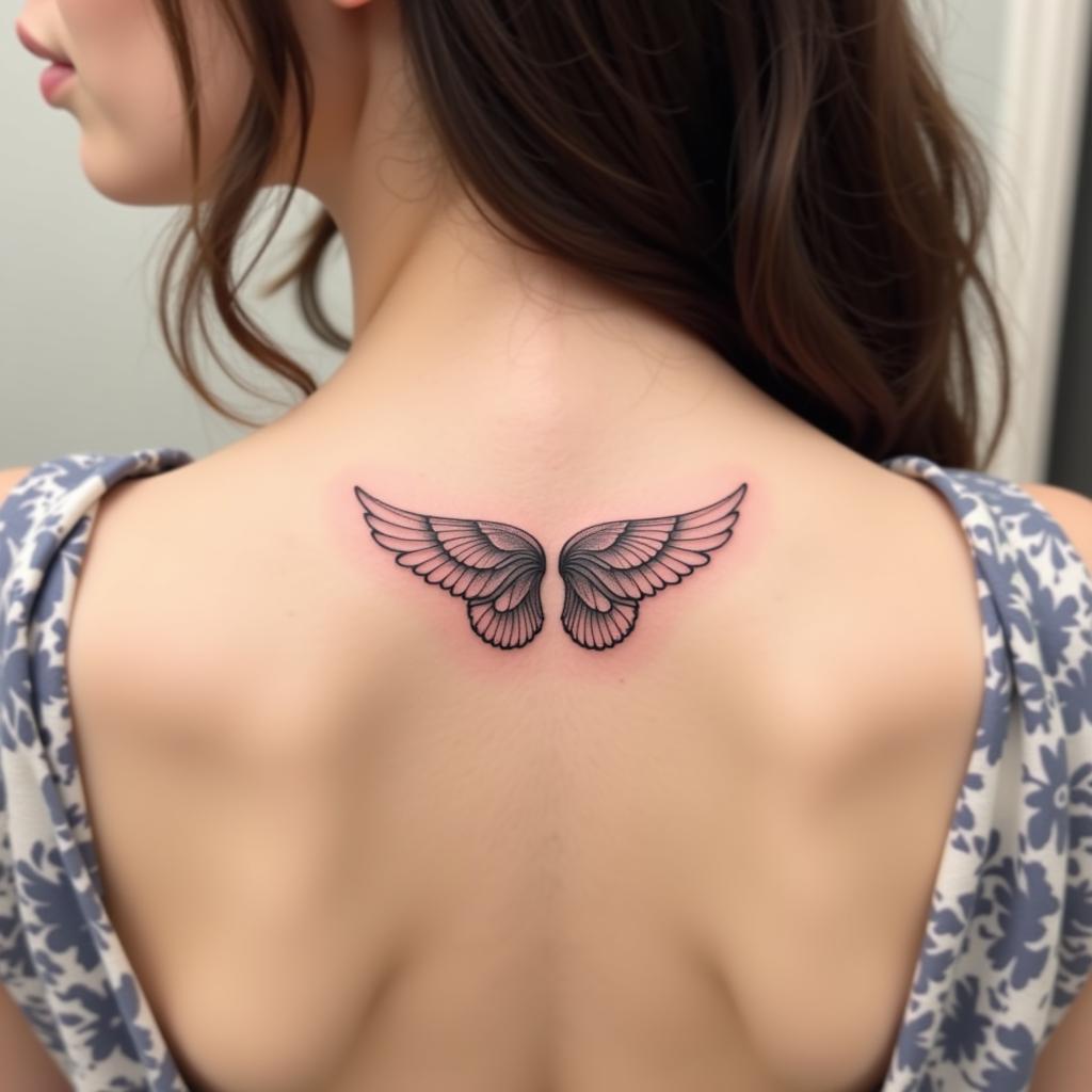 Hình xăm đôi cánh mini nhỏ nhắn tinh tế ở sau lưng cho nữ
