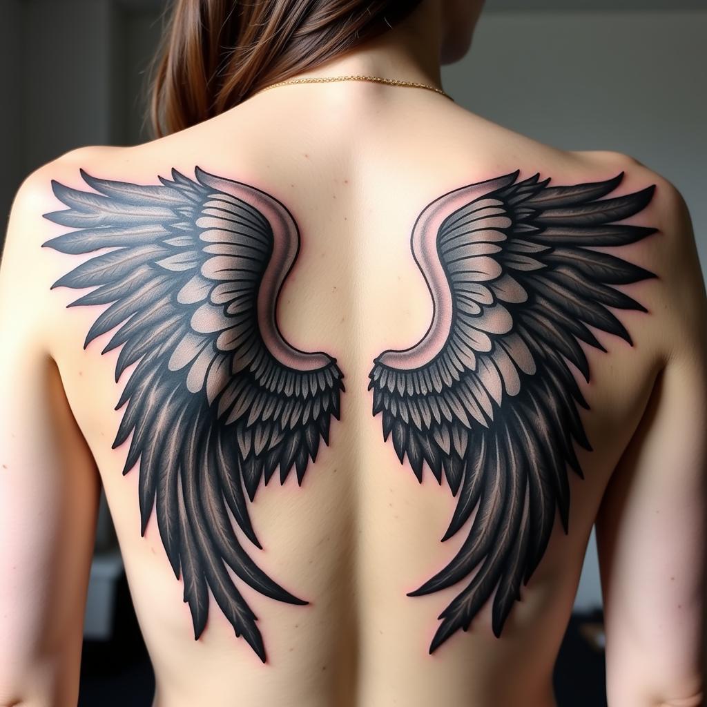 Hình xăm đôi cánh thiên thần lớn ở sau lưng biểu tượng cho sự tự do và khát vọng bay cao