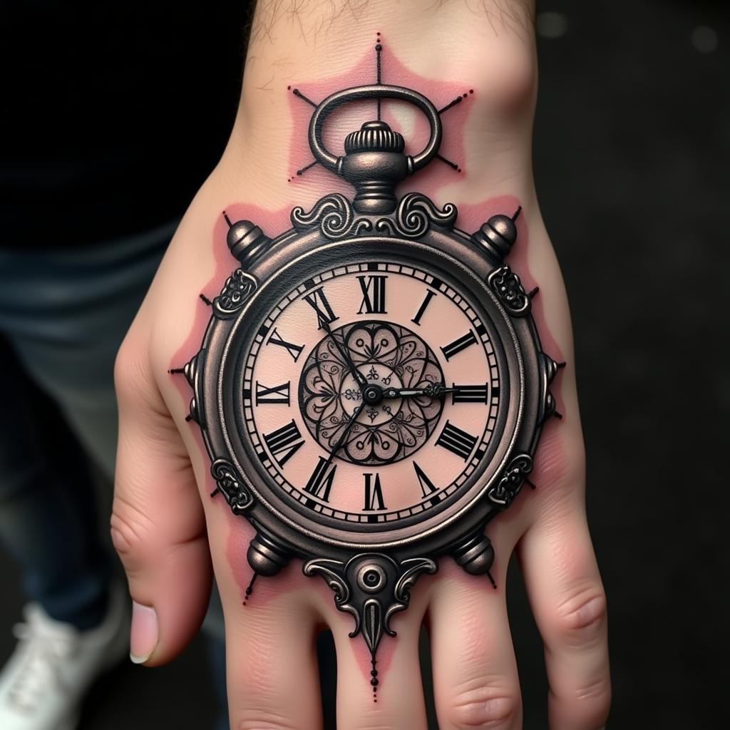 Hình xăm đồng hồ mu bàn tay nam biểu tượng thời gian và sự vĩnh cửu