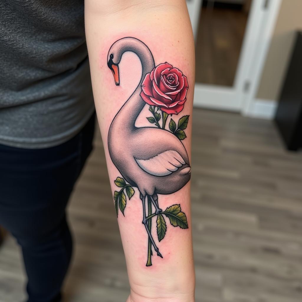 Hình xăm động vật hoặc thực vật hoa hồng và thiên nga tượng trưng tình yêu