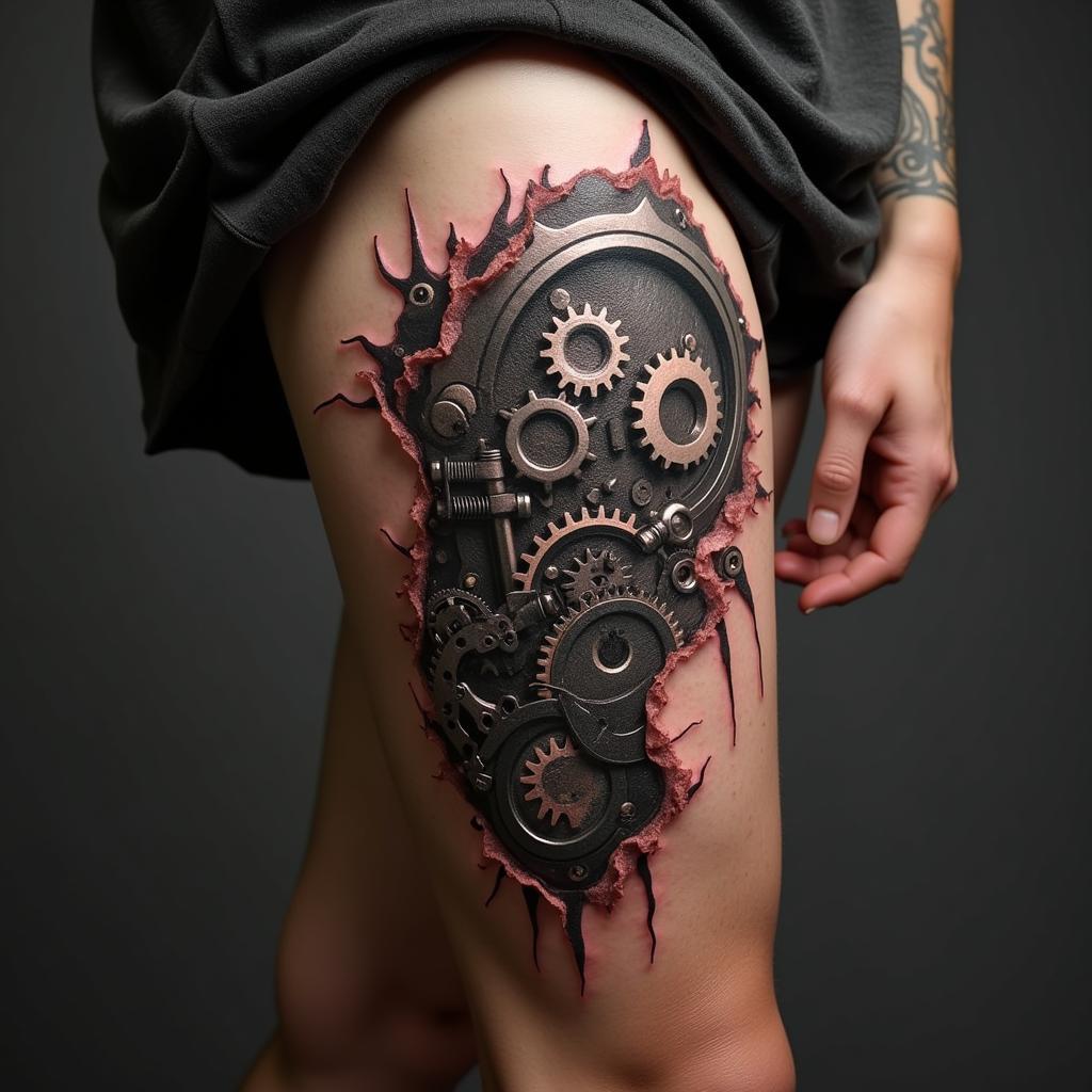 Hình xăm Biomechanical máy móc bên trong cơ thể ấn tượng ở đùi nam giới