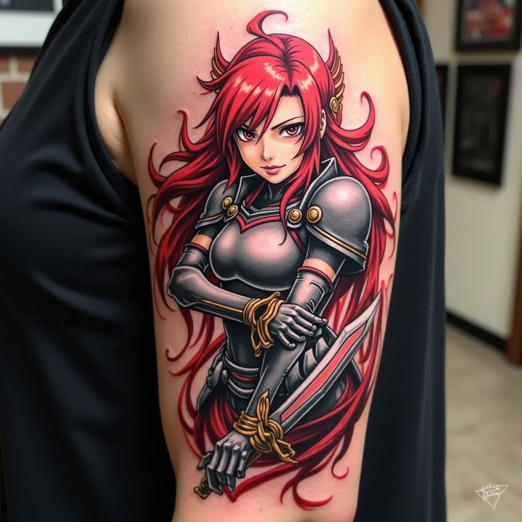 Hình xăm Fairy Tail độc đáo: Khám phá ý nghĩa sâu sắc và các mẫu tattoo ấn tượng nhất 2 hinh xam erza scarlet bo giap adamantine 67c027 1