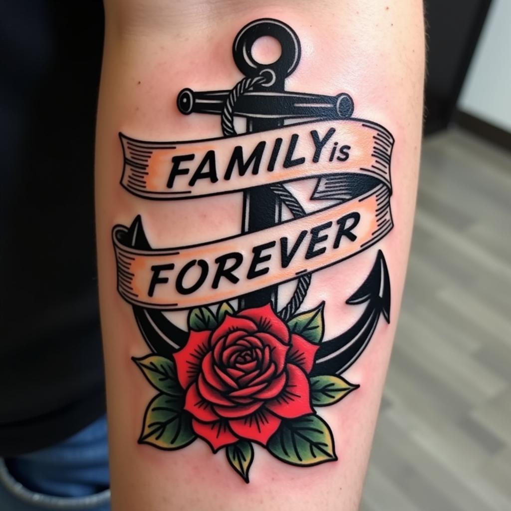 Hình xăm Family is Forever phong cách cổ điển mỏ neo và hoa hồng