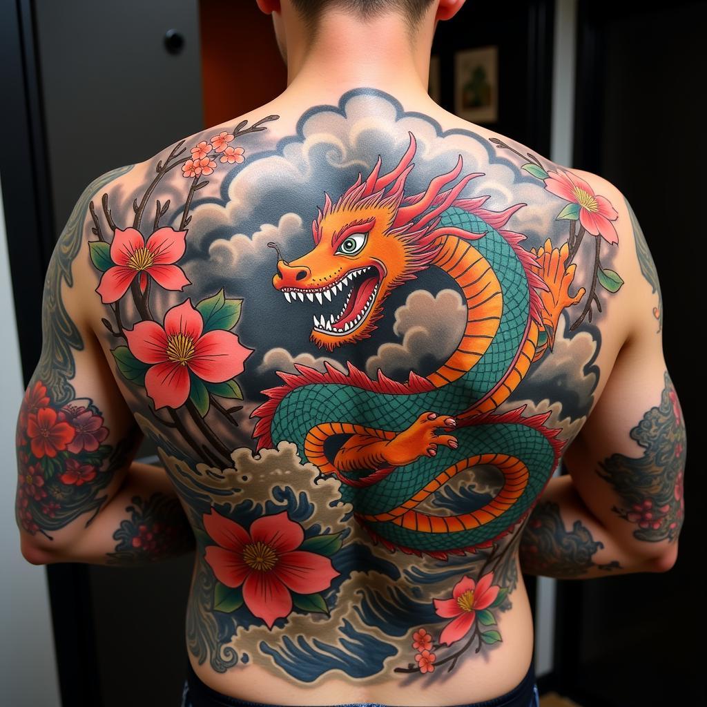 hinh-xam-full-lung-net-phong-cach-nhat-ban-rong-67b907 Hình xăm full lưng nét phong cách Nhật Bản với hình tượng rồng và hoa anh đào, biểu tượng sức mạnh và may mắn.