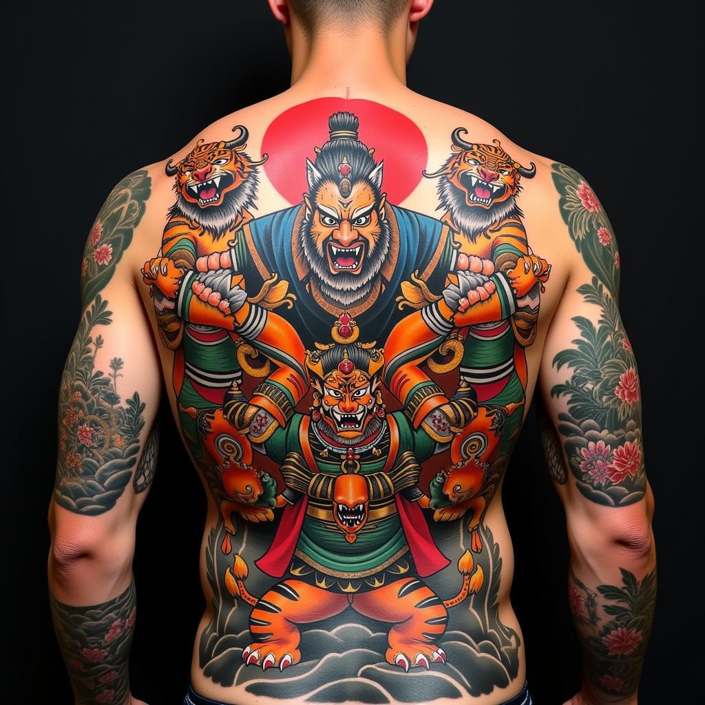 Hình xăm full lưng Ngũ Hổ Tướng thể hiện uy dũng và khí phách, biểu tượng cho sức mạnh và lòng trung thành