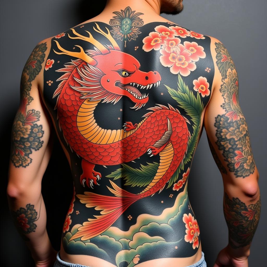 Hình xăm full lưng phong cách Nhật cổ với hình ảnh rồng và cá chép, màu sắc rực rỡ