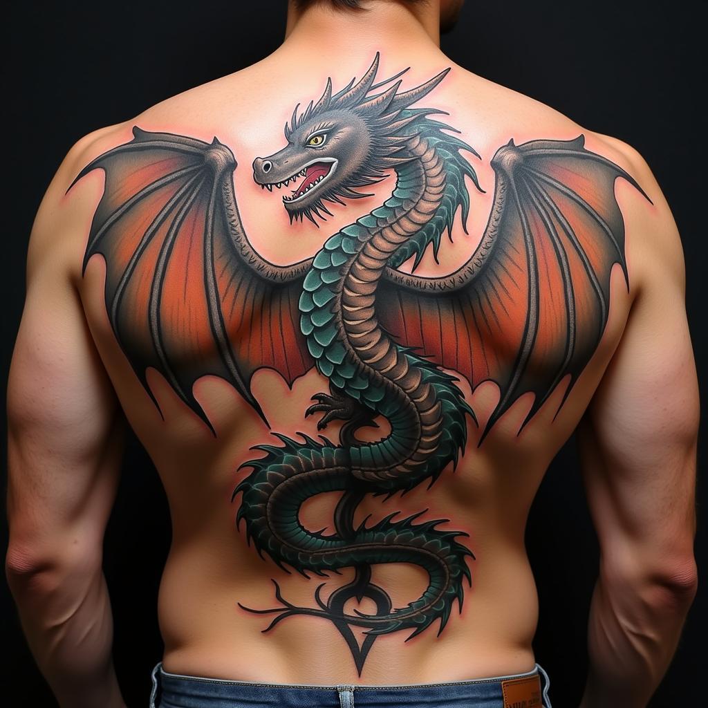 Hình xăm full lưng hình ảnh rồng và phượng hoàng kết hợp, biểu tượng sức mạnh và cân bằng