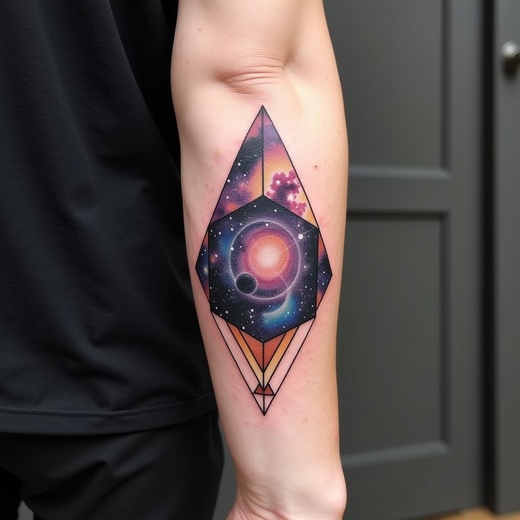 Hình xăm galaxy hình học kết hợp đường nét hiện đại và yếu tố vũ trụ độc đáo
