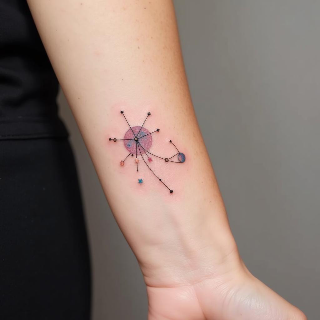 Hình xăm galaxy tối giản với đường nét tinh tế và màu sắc trung tính thanh lịch
