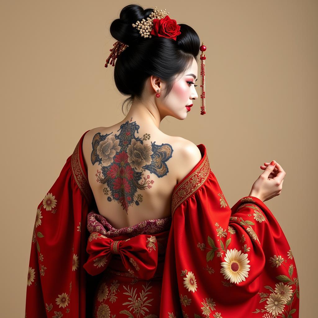 Hình xăm Geisha sau lưng đang múa uyển chuyển trong trang phục kimono truyền thống