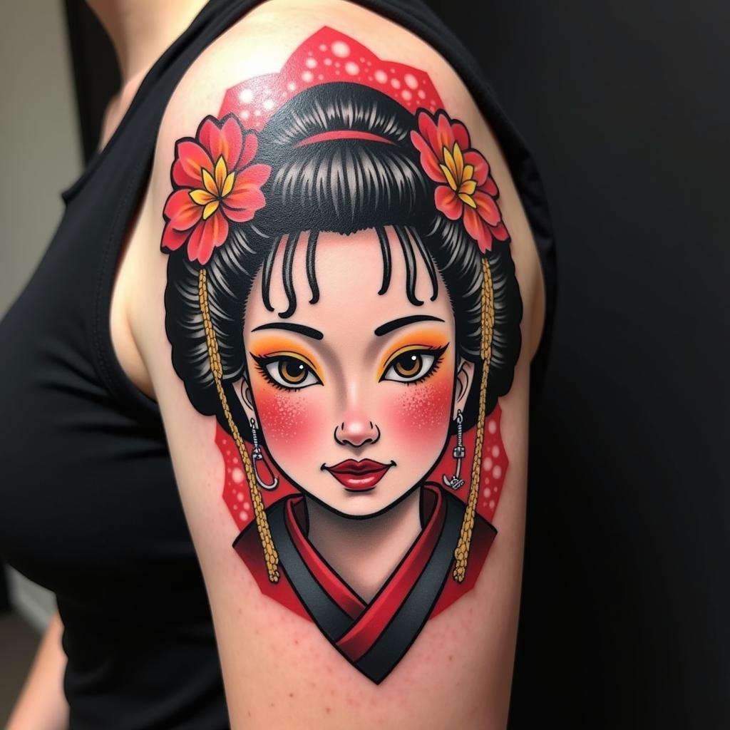 Hình xăm Geisha mặt quỷ phong cách cách điệu, thể hiện sự sáng tạo không giới hạn