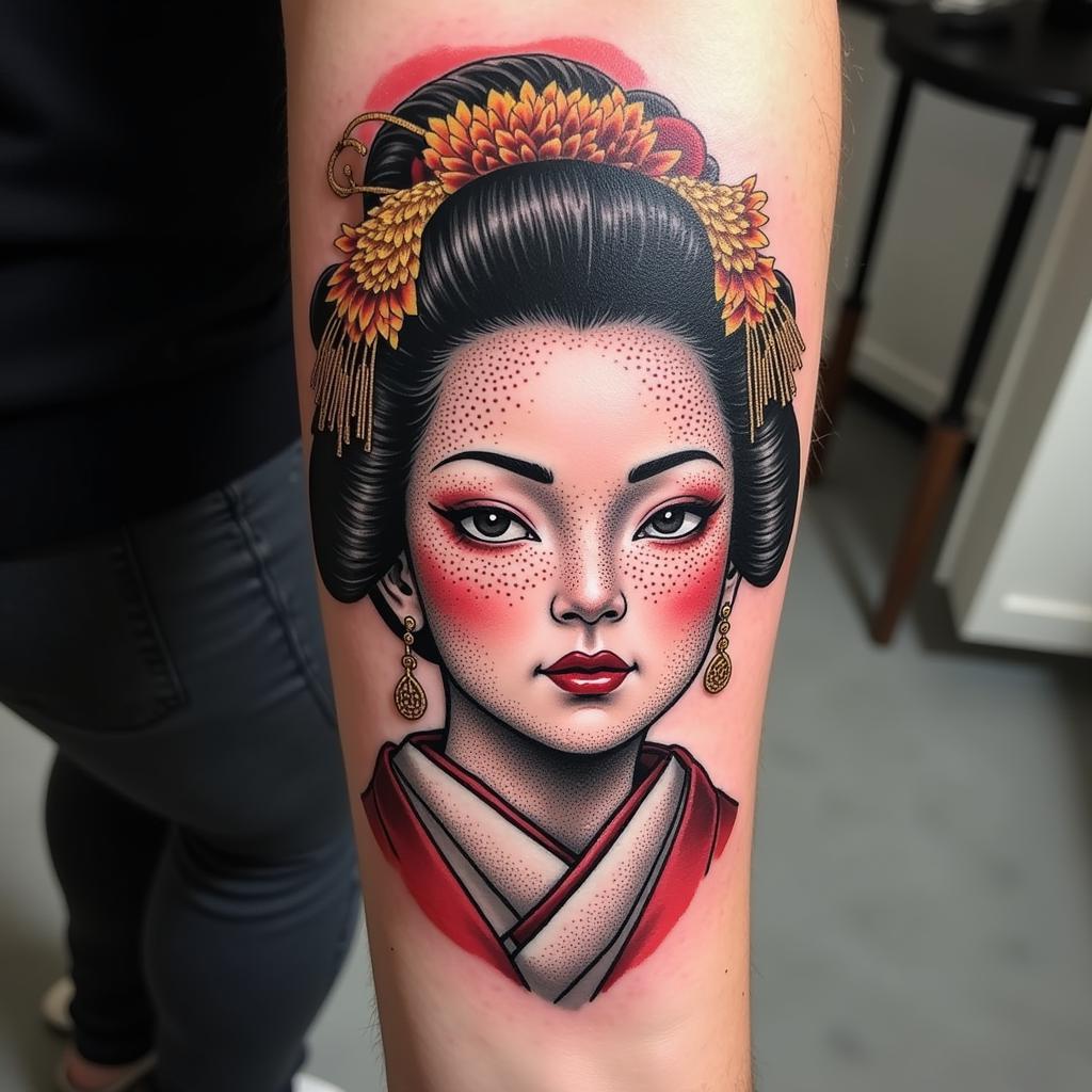 Hình xăm Geisha mặt quỷ phong cách Dotwork, tinh xảo và đầy nghệ thuật