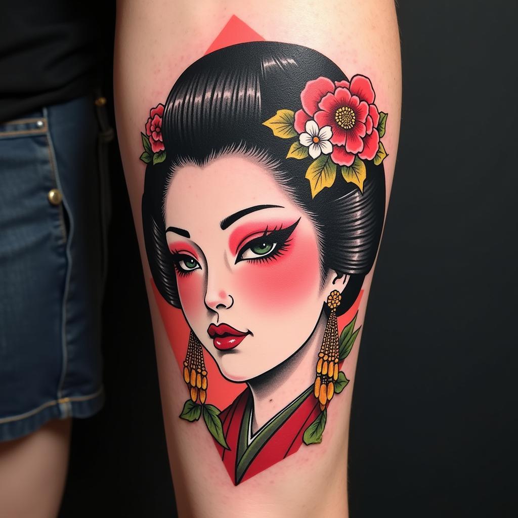 Hình xăm Geisha mặt quỷ phong cách Irezumi với đường nét mạnh mẽ và màu sắc sống động