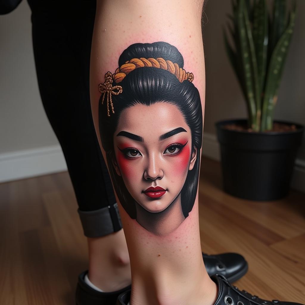 Hình xăm Geisha mặt quỷ ở chân, thể hiện sự kín đáo, kiên định và bí ẩn