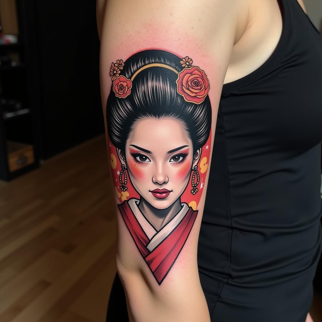 Hình xăm Geisha mặt quỷ trên cánh tay, biểu trưng cho cá tính và sự tự tin
