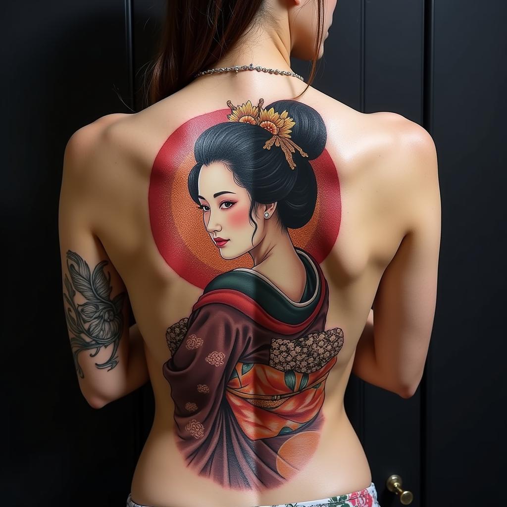 Hình xăm Geisha lớn và hoành tráng ở vị trí lưng, thể hiện chi tiết và sự phức tạp của tác phẩm