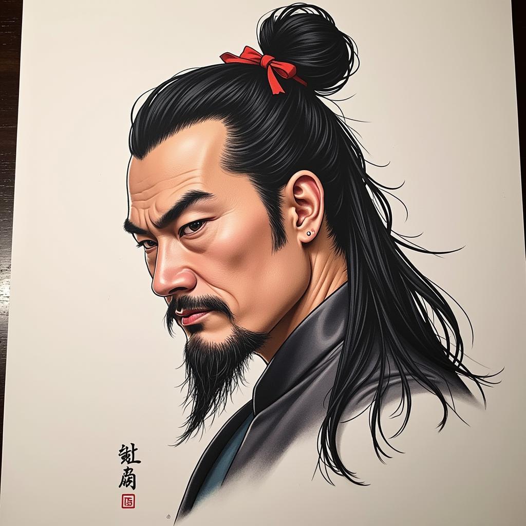 Hình xăm Gia Cát Lượng bán thân tập trung vào khuôn mặt thể hiện sự thông thái và điềm tĩnh