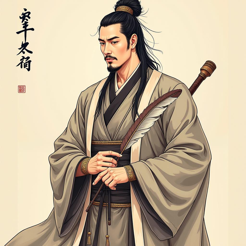 Hình xăm Gia Cát Lượng cổ điển với quạt lông vũ và trang phục đạo sĩ thể hiện sự thông thái