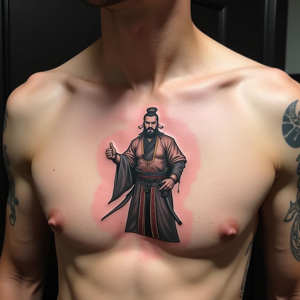 Hình xăm Gia Cát Lượng ở ngực vị trí kín đáo thể hiện sự nam tính và lòng trung thành