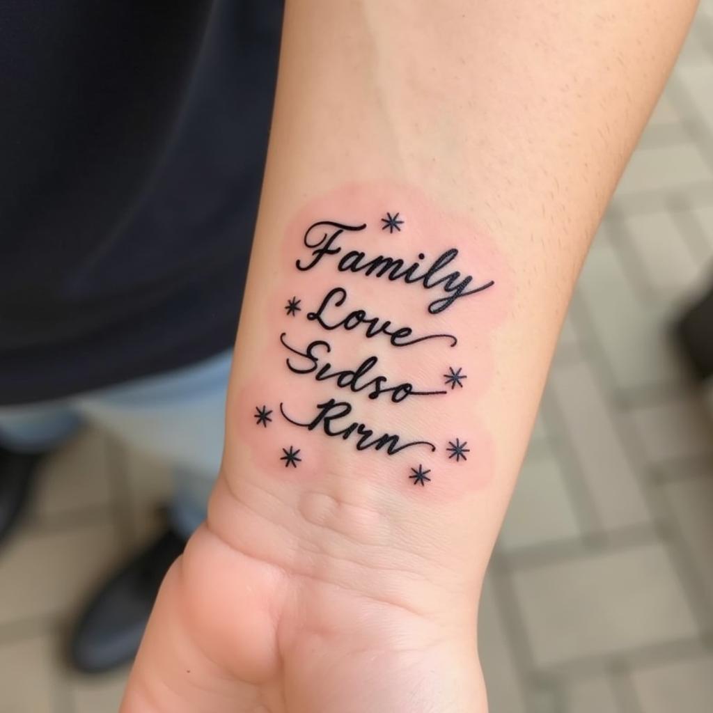 Hình xăm gia đình tên các thành viên viết tay mềm mại trên cổ tay