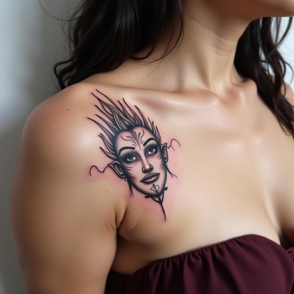 Hình xăm mặt quỷ Hannya trên vai cô gái, thể hiện sự phổ biến của hình xăm này với cả nam và nữ.