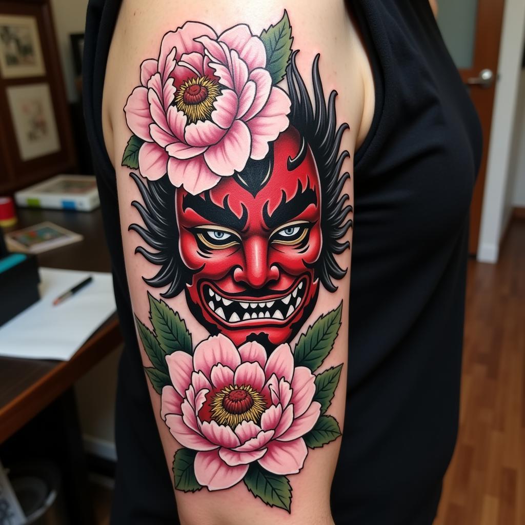 Hình xăm Hannya kết hợp với hoa mẫu đơn, biểu tượng cho sự cân bằng giữa vẻ đẹp và sự mạnh mẽ.