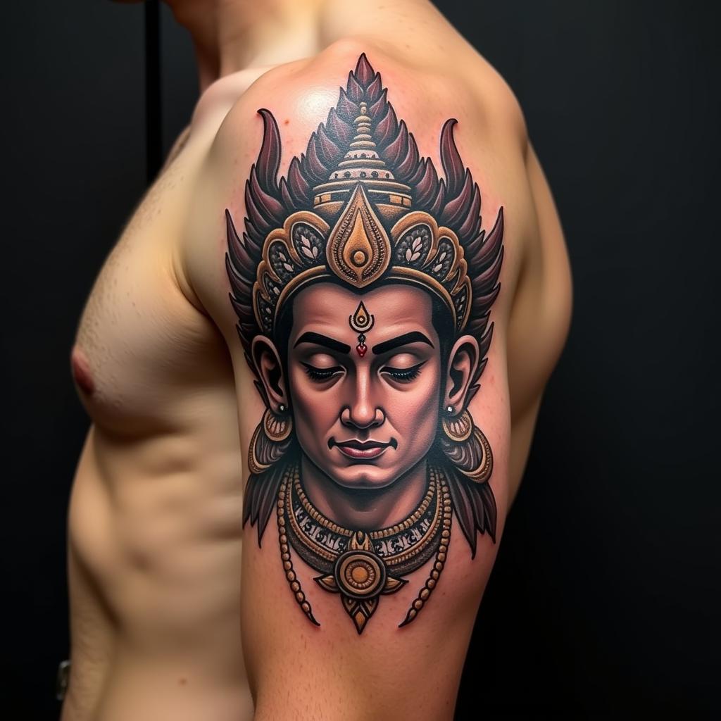 Hình xăm Hanuman Khmer trên bắp tay nam giới