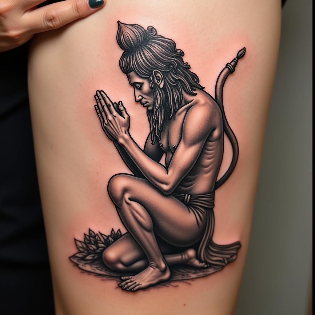 Hình xăm Hanuman Khmer quỳ gối thể hiện lòng trung thành