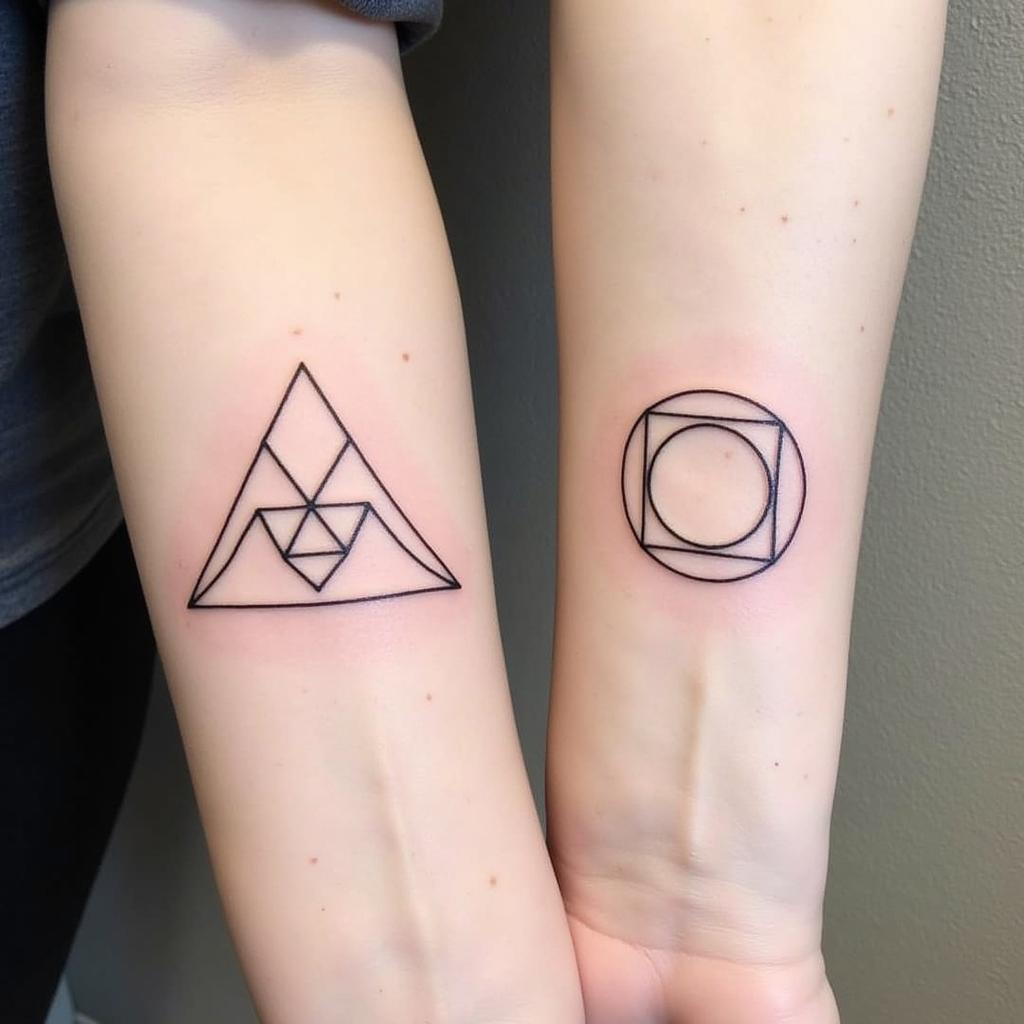 Hình xăm hình học mini với các khối tam giác, tròn, vuông tạo nên phong cách hiện đại và cá tính.