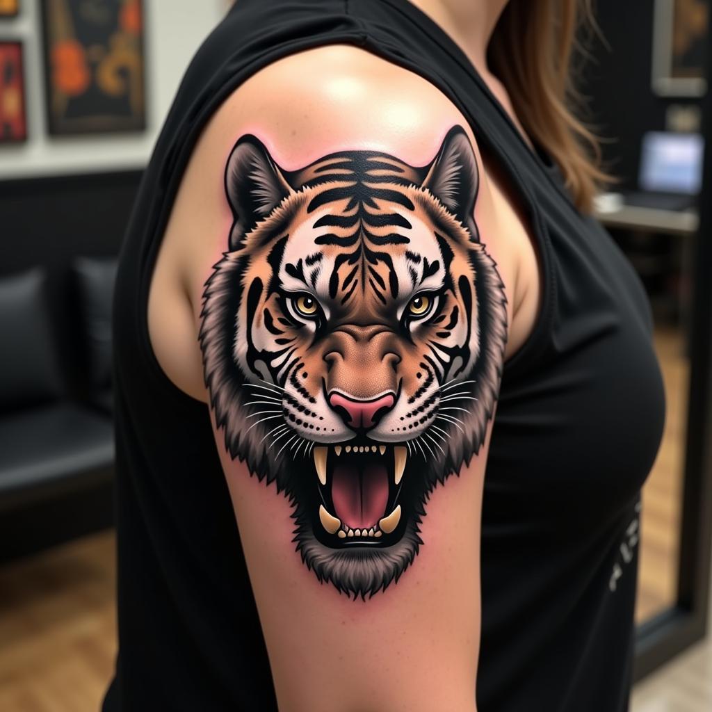 Hình xăm hổ mạnh mẽ ở bắp tay, thể hiện sự quyết đoán và bản lĩnh