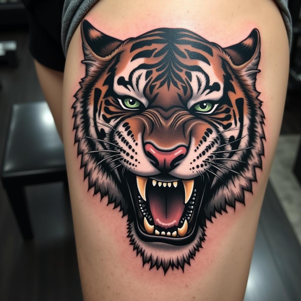 Hình xăm hổ đang gầm thể hiện sức mạnh uy quyền của chúa tể rừng xanh