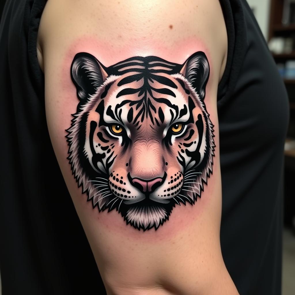 Hình xăm hổ hạ sơn ở bắp tay thể hiện vẻ đẹp mạnh mẽ và nam tính.