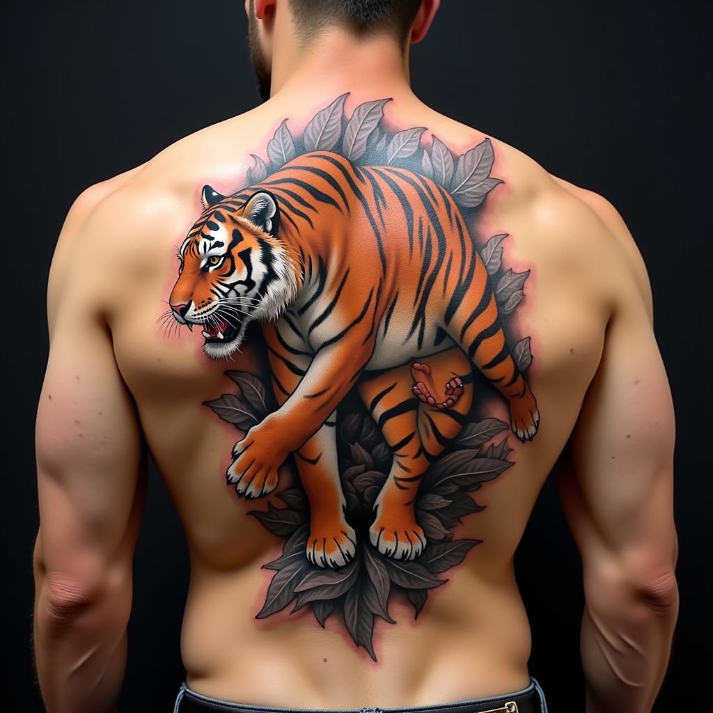 Hình xăm hổ hạ sơn toàn thân trên lưng với nhiều chi tiết sắc nét.