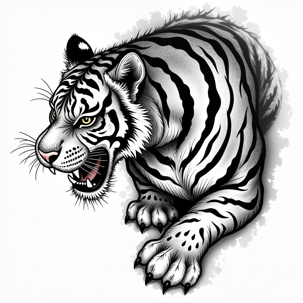 Hình xăm hổ hạ sơn phong cách truyền thống Á Đông với mực đen tinh xảo.