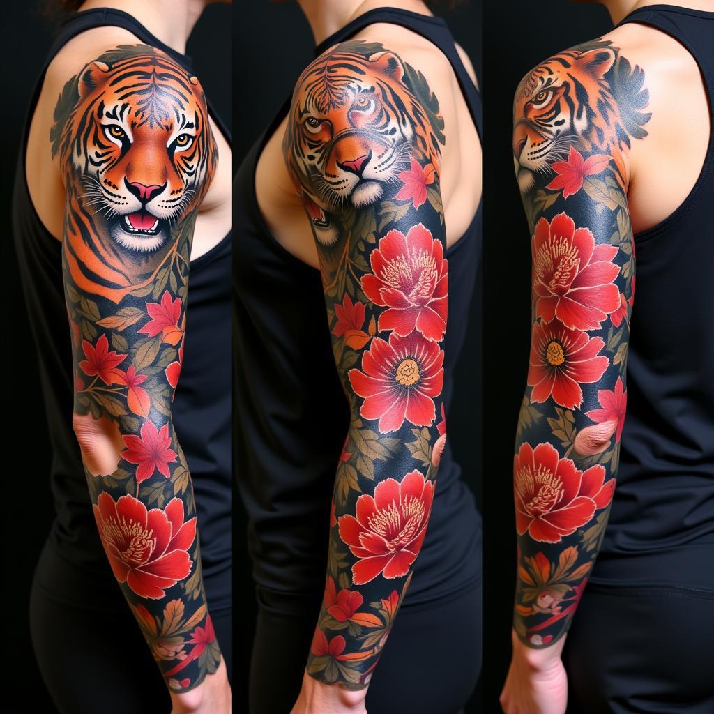 Hinh xam ho phong cach Irezumi ket hop hoa mau don va la phong tren bap tay