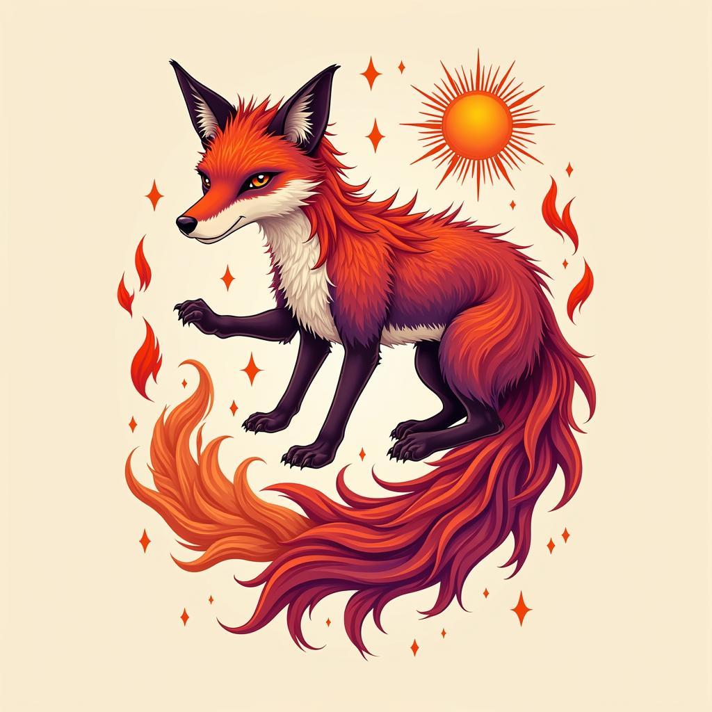 Hình xăm hồ ly 9 đuôi mệnh Hỏa đỏ cam lửa mặt trời rực rỡ