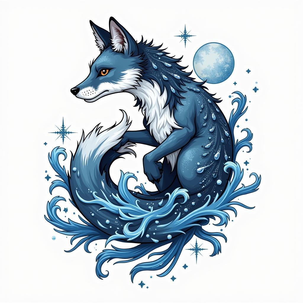 Hình xăm hồ ly 9 đuôi mệnh Thủy xanh dương đen sóng nước