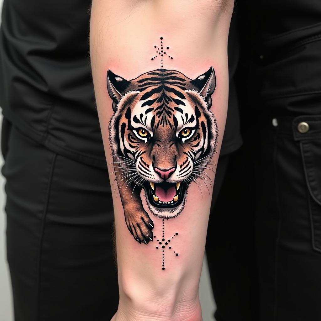 Hinh xam ho dang vo phong cach dotwork doc dao tren bap tay